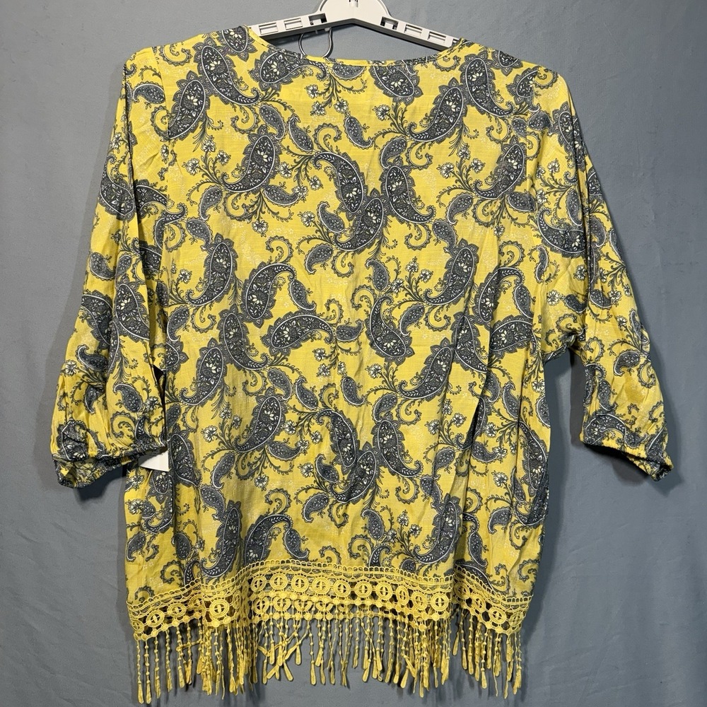 Boho Paisley Top Turmeric Gold Fringe Hem Peasant Blouse Plus Size Festival 3x - Picture 8 of 13